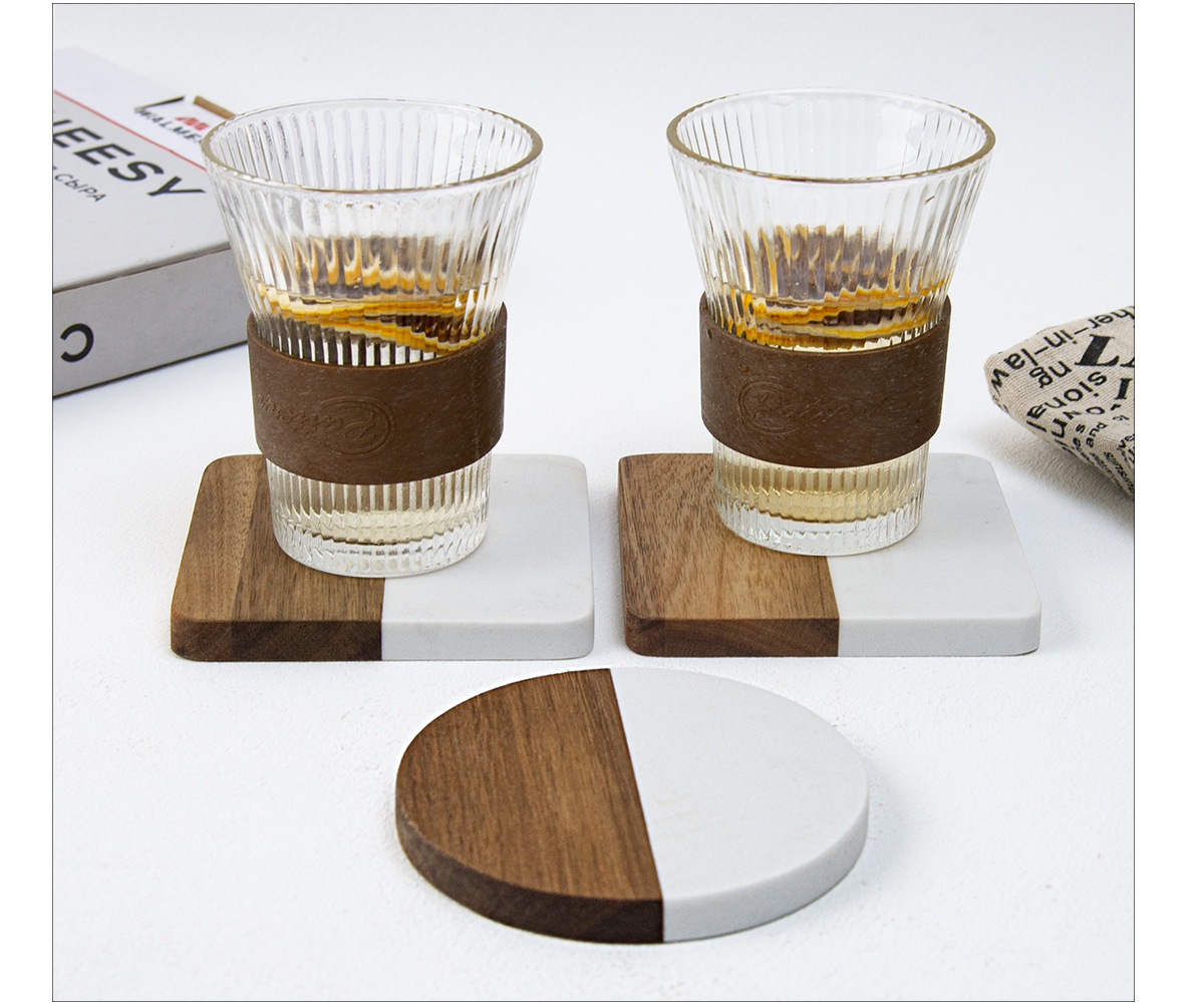10cm Round Marble and Acacia Wood Coaster – Customizable Modern Drink Mat